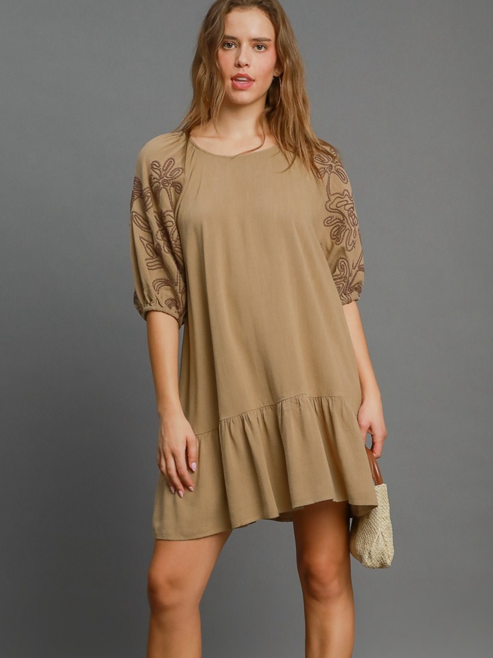 Umgee Linen Blend Embroidered Mini Dress